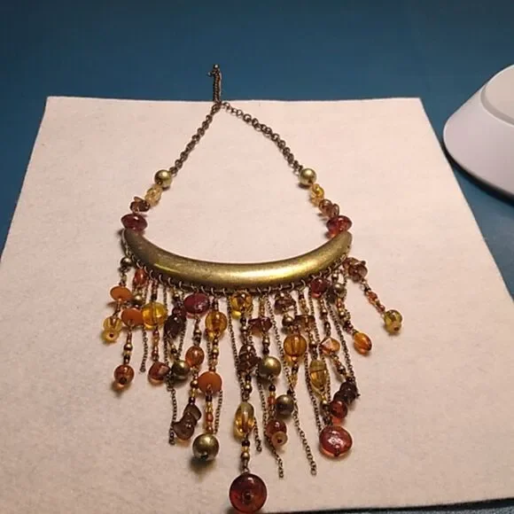 Elegant Gold and Brown Chain/Beaded Statement Necklace Boho Granny Chic - Picture 4 of 7
